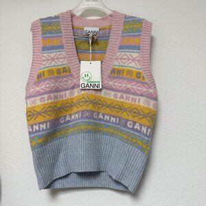 NWT GANNI Graphic Multicolor V-Neck Sweater Wool Knit Sleeveless Vest K1…
